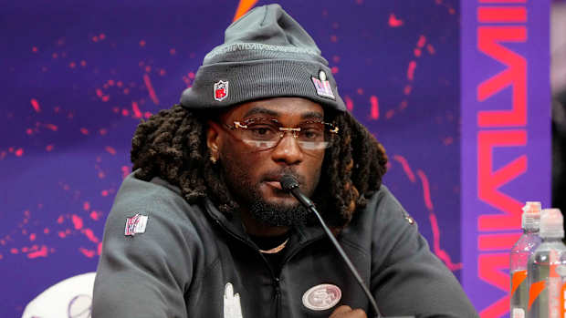 Feb 5, 2024; Las Vegas, NV, USA; San Francisco 49ers wide receiver Brandon Aiyuk (11) talks to the media during Super Bowl LVIII Opening Night at Allegiant Stadium. Mandatory Credit: Lucas Peltier-USA TODAY Sports  